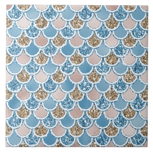 Blue Gold Blush Beige Glitter Mermaid Ceramic Tile
