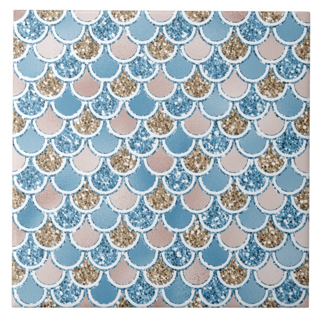Blue Gold Blush Beige Glitter Mermaid Ceramic Tile (Front)