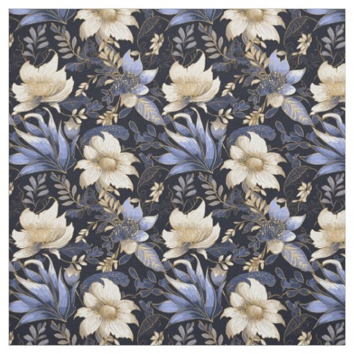 Blue & Gold Boho Chic Floral Pattern Fabric