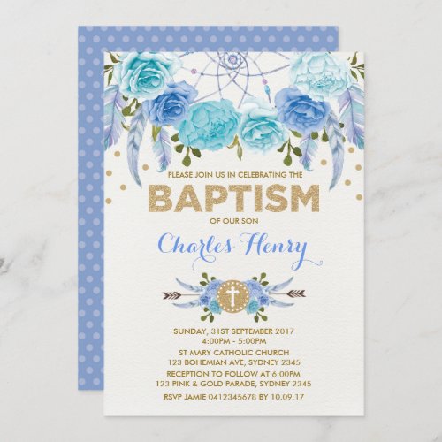 Blue Gold Boho Floral Dreamcatcher Baptism Invitation