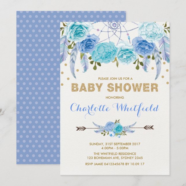Blue Gold Boho Flower Dreamcatcher Baby Shower Invitation (Front/Back)