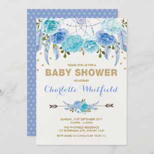 Blue Gold Boho Flower Dreamcatcher Baby Shower Invitation