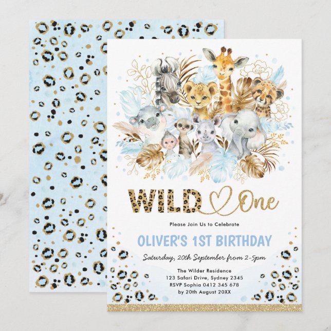 Blue Gold Boho Safari Animals Wild One Birthday Invitation (Front/Back)