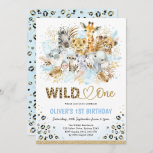 Blue Gold Boho Safari Animals Wild One Birthday Invitation