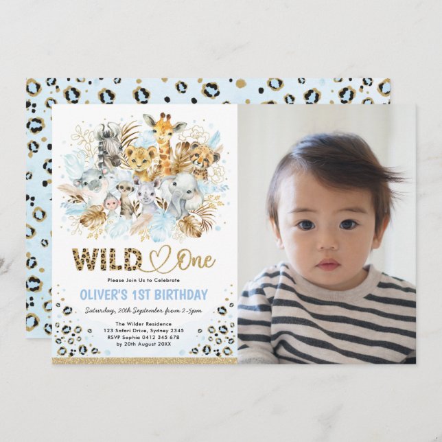 Blue Gold Boho Safari Wild One Photo Birthday Invitation (Front/Back)