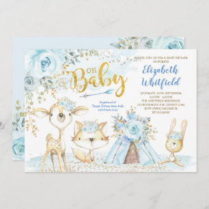 Blue Gold Boho Woodland Forest Boy Baby Shower Invitation