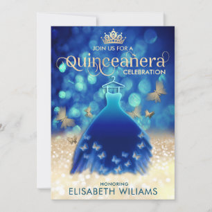 Blue gold bokeh butterfly dress Quinceañera Invitation