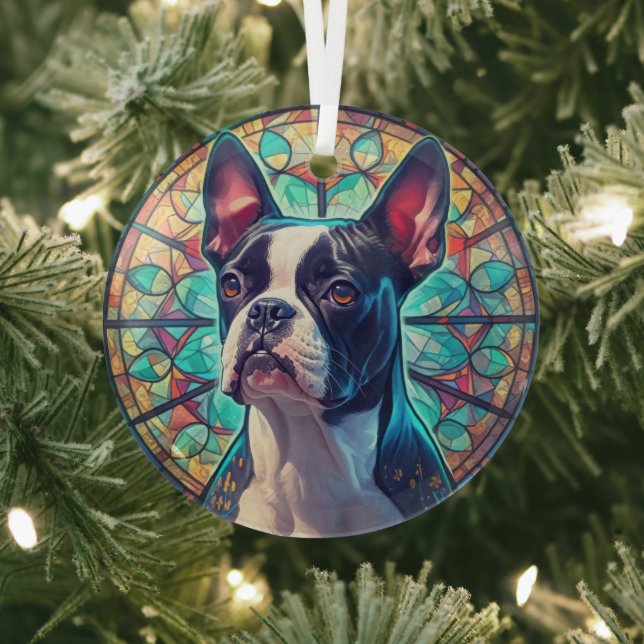 Blue Gold Boston Terrier Dog Stained Glass Ornament (Insitu)