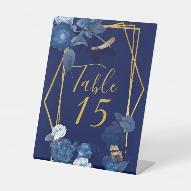 Blue & Gold Botanical Florals Wedding Table Number Pedestal Sign (Front)