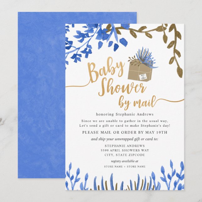 Blue Gold Botanical Neutral Baby Shower by mail Invitation (Front/Back)