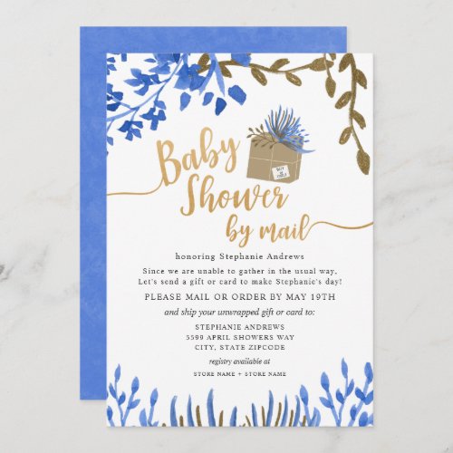 Blue Gold Botanical Neutral Baby Shower by mail Invitation