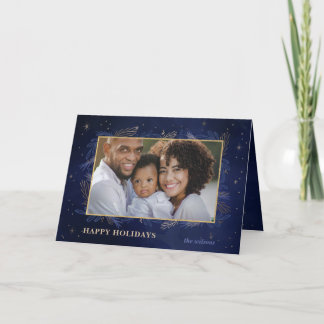 Blue Gold Botanical Sparkle Photo Holiday Card