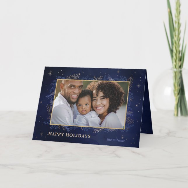Blue Gold Botanical Sparkle Photo Holiday Card (Front)