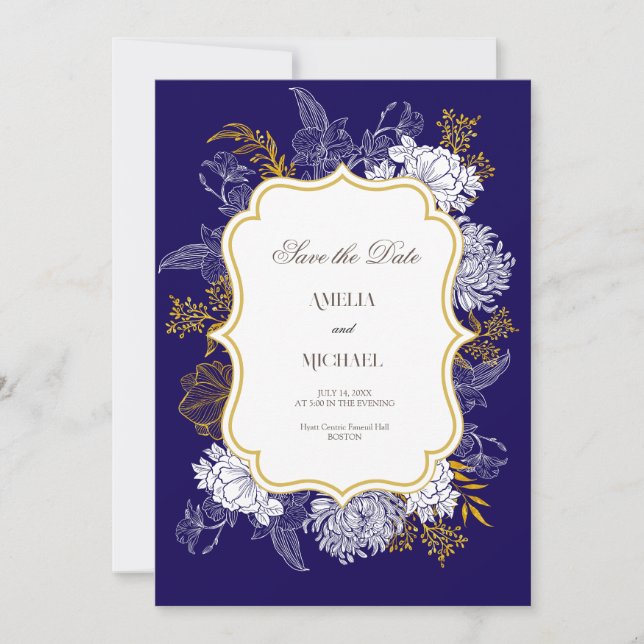 Blue Gold Botany Graphic Wedding  Save The Date (Front)
