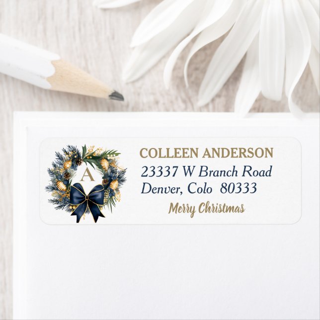 Blue Gold Bow Christmas Wreath Return Address Label (Insitu)