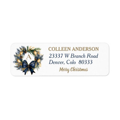 Blue Gold Bow Christmas Wreath Return Address Label