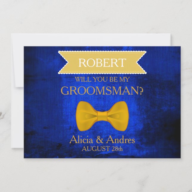 Blue & Gold Bow Will you be my Groomsman? Invitati Invitation (Front)