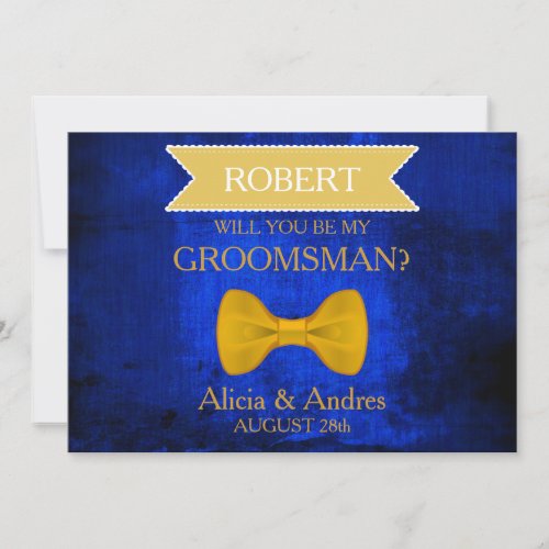 Blue  Gold Bow Will you be my Groomsman Invitati Invitation