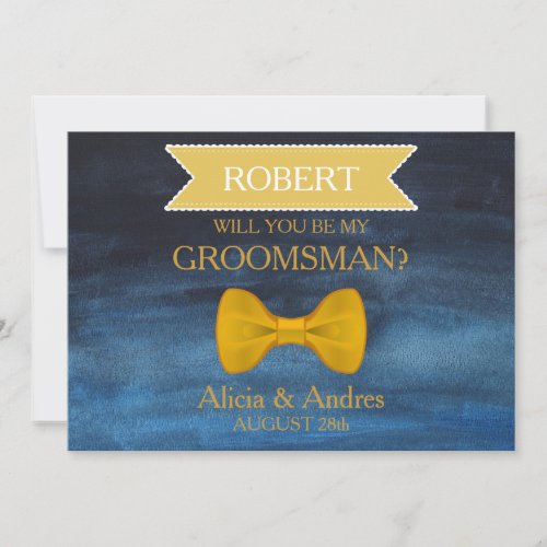 Blue  Gold Bow Will you be my Groomsman Invitation