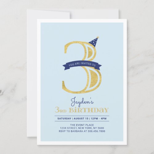 Blue  Gold   Boy 3rd Birthday Party Invitation