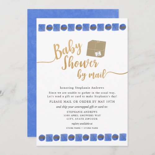 Blue Gold Boy Baby Shower by mail Invitation