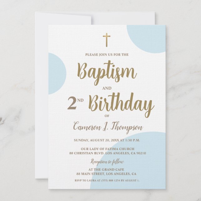 Blue Gold Boy Baptism 2nd Birthday Invitation (Front)