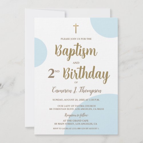 Blue Gold Boy Baptism 2nd Birthday Invitation