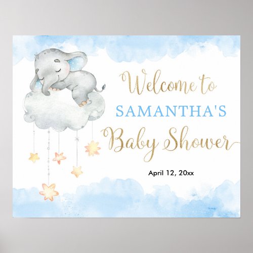 Blue gold boy elephant baby shower welcome sign