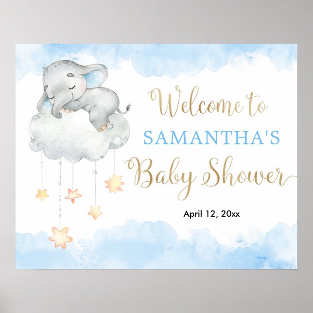 Blue gold boy elephant baby shower welcome sign (Front)