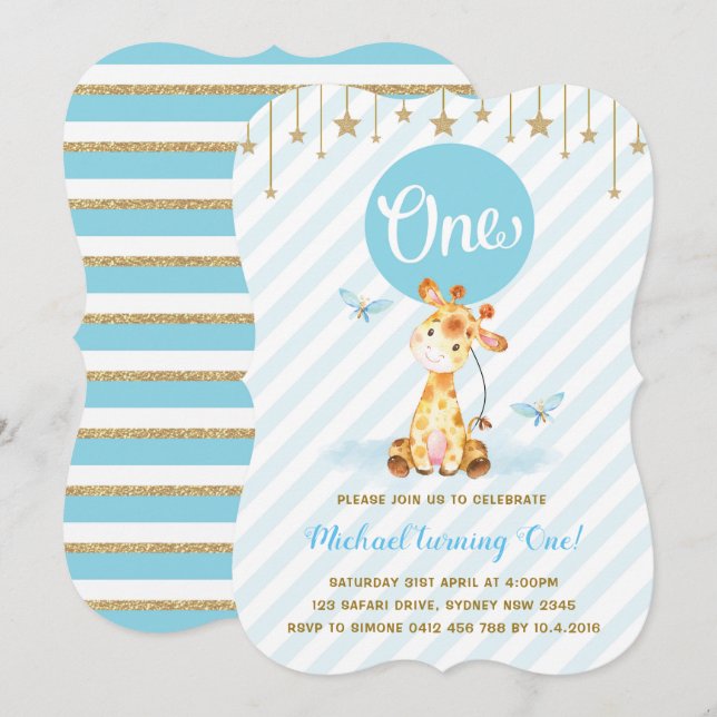 Blue Gold Boy Giraffe First Birthday Twinkle Star Invitation (Front/Back)
