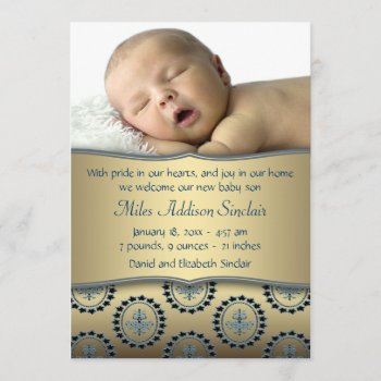 Blue Gold Boy Photo Birth Announcement by BabyCentral at Zazzle