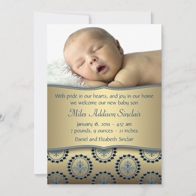 Blue Gold Boy Photo Birth Announcement (Front)