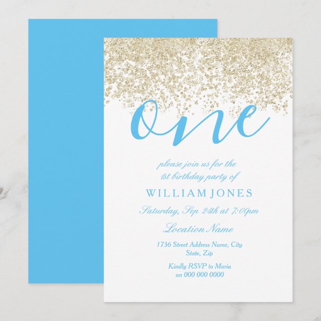 Blue Gold Boys 1st birthday party Invite (Front/Back)
