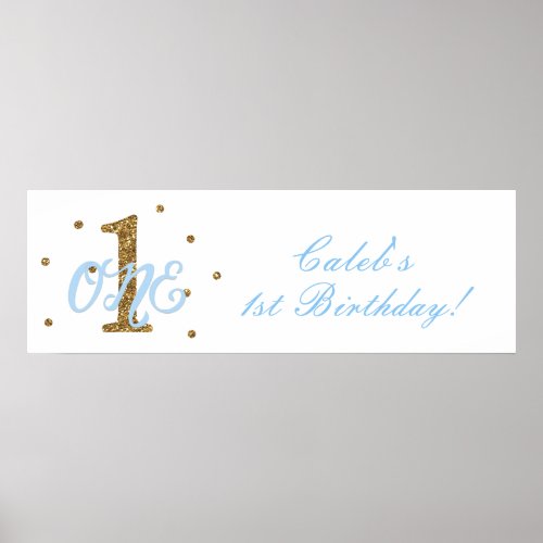 Blue  Gold Boys ONE 1st Birthday Party Banner Poster
