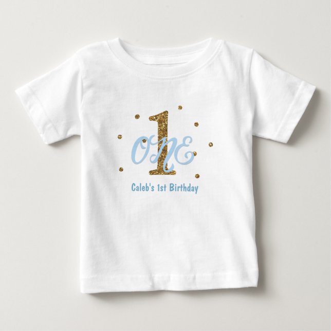 Blue & Gold Boys ONE 1st Birthday Party Custom Baby T-Shirt (Front)