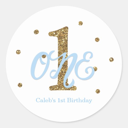 Blue  Gold Boys ONE 1st Birthday Party Favor Classic Round Sticker