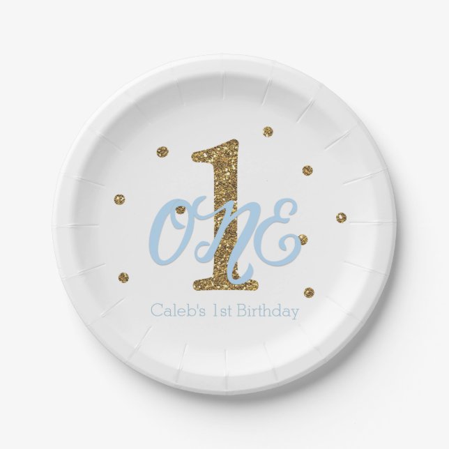 Blue & Gold Boys ONE 1st Birthday Party Paper Plates (Front)