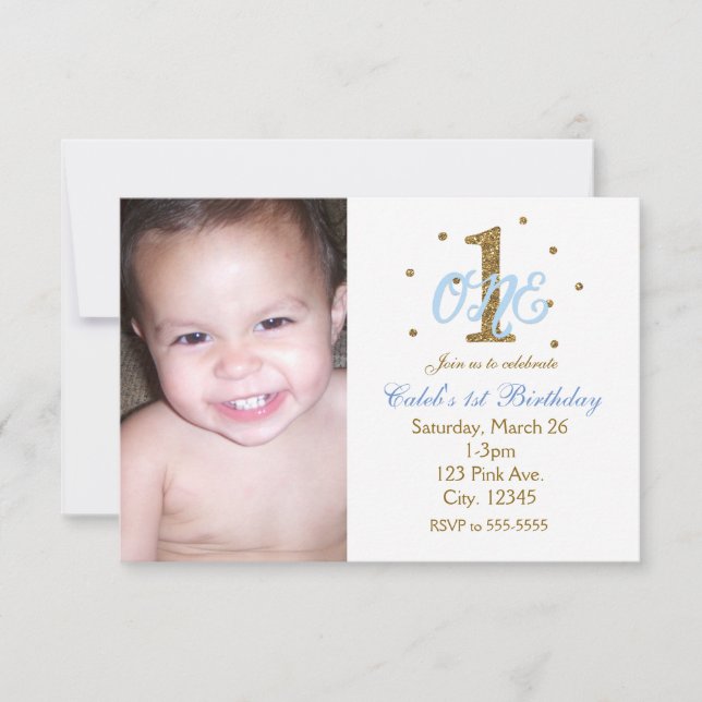 Blue & Gold Boys ONE 1st Birthday Party Photo Invitation (Front)