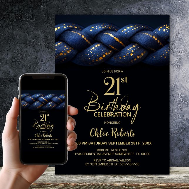 Blue Gold Braid 21st Birthday Party Invitation (Creator Uploaded)