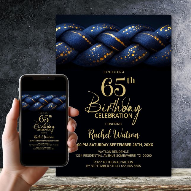 Blue Gold Braid 65th Birthday Party Invitation (Creator Uploaded)