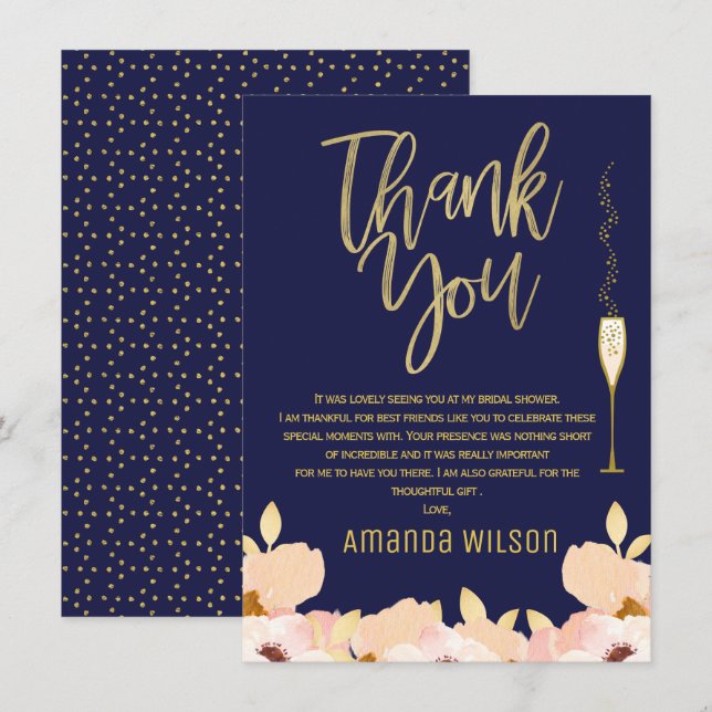 Blue Gold Bridal Shower Thank You Card (Front/Back)