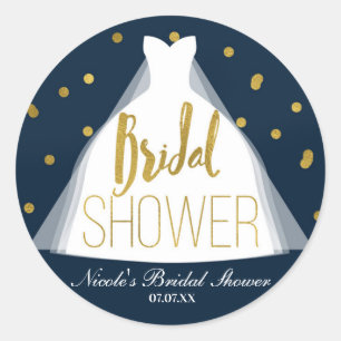Blue & Gold Bridal Shower Wedding Dress Confetti Classic Round Sticker