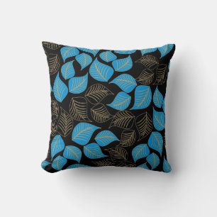Blue gold broad leaves pattern on black throw pillow