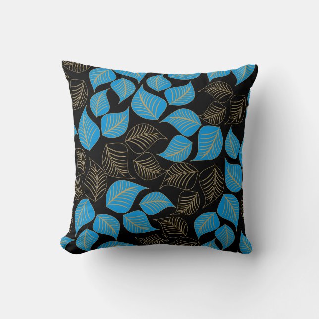 Blue gold broad leaves pattern on black throw pillow (Front)