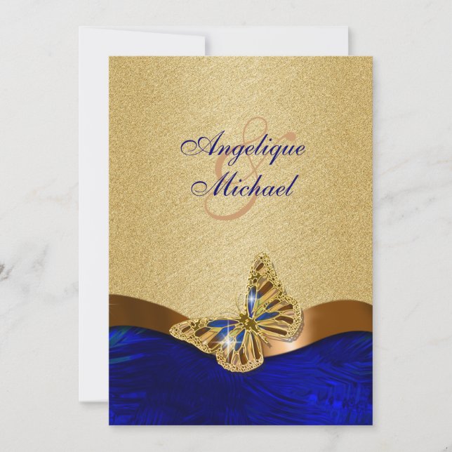 Blue gold brown butterfly wedding invitation (Front)