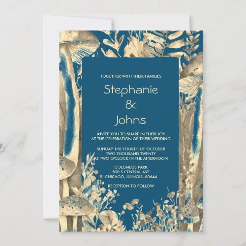 Blue Gold Brown Mushrooms Custom Woodland Wedding Invitation