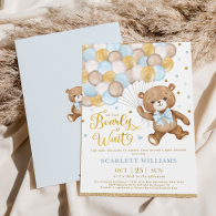 Blue Gold Brown Teddy Bear Boy Baby Shower Invitation