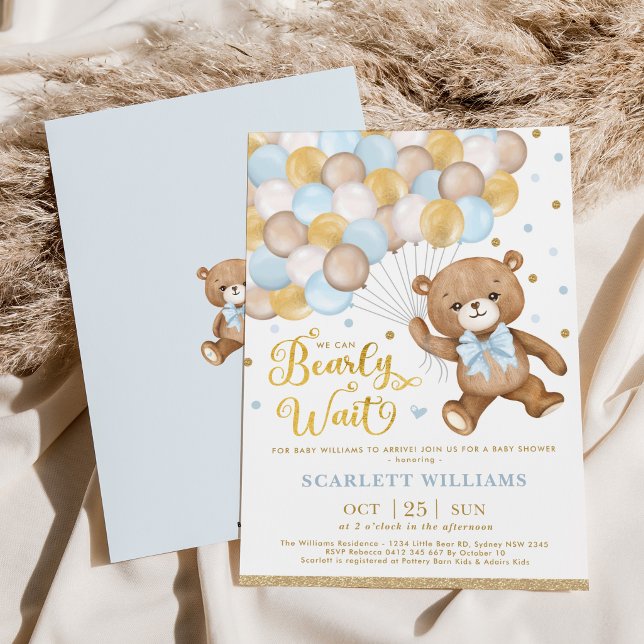 Blue Gold Brown Teddy Bear Boy Baby Shower Invitation