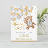 Blue Gold Brown Teddy Bear Boy Baby Shower Invitation (Standing Front)