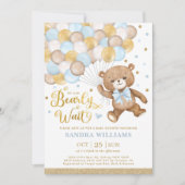 Blue Gold Brown Teddy Bear Boy Baby Shower Invitation (Front)